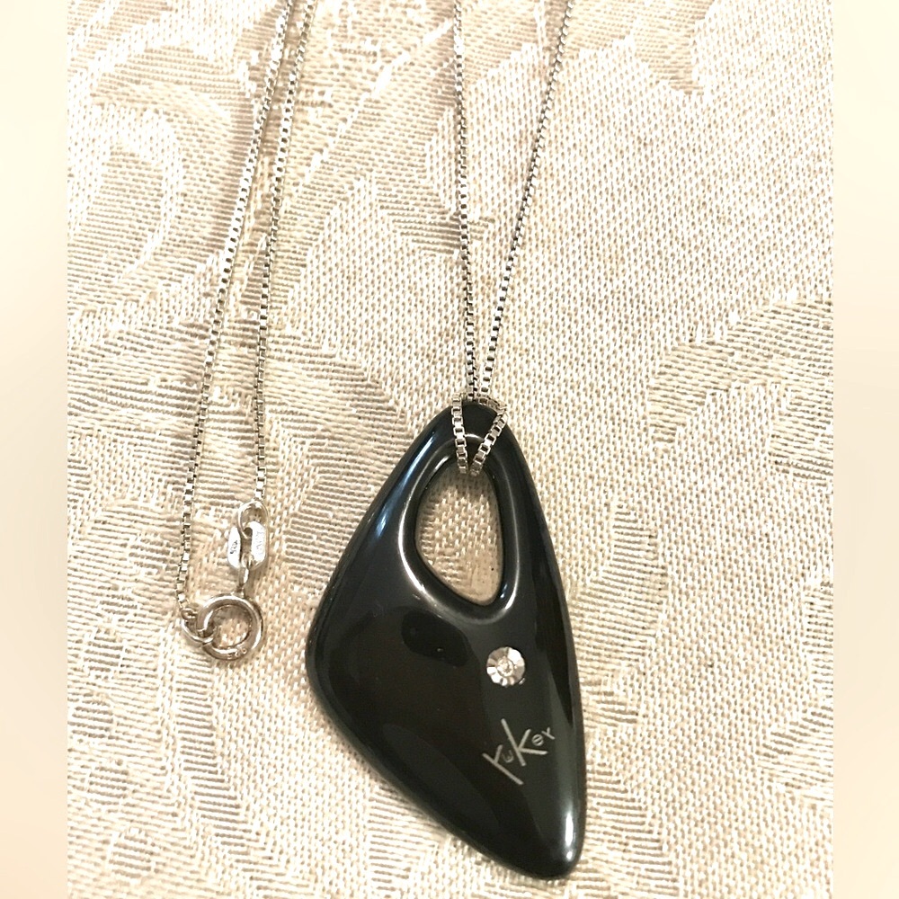 18K Diamond Black Steel Art Pendant Sterling Silver Necklace - Picture 4 of 7